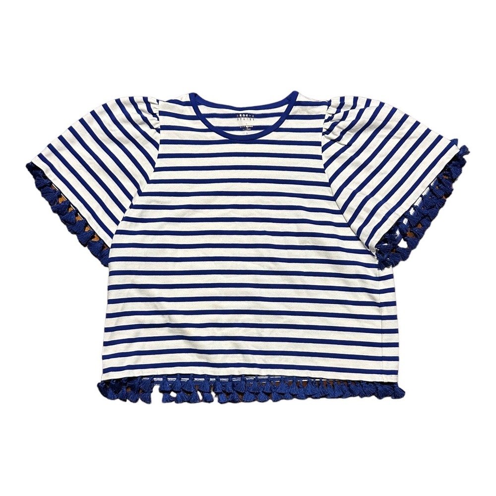 Kate Spade Stripe Flutter Sleeve Top Black and White Tassel Women's Large FLAW